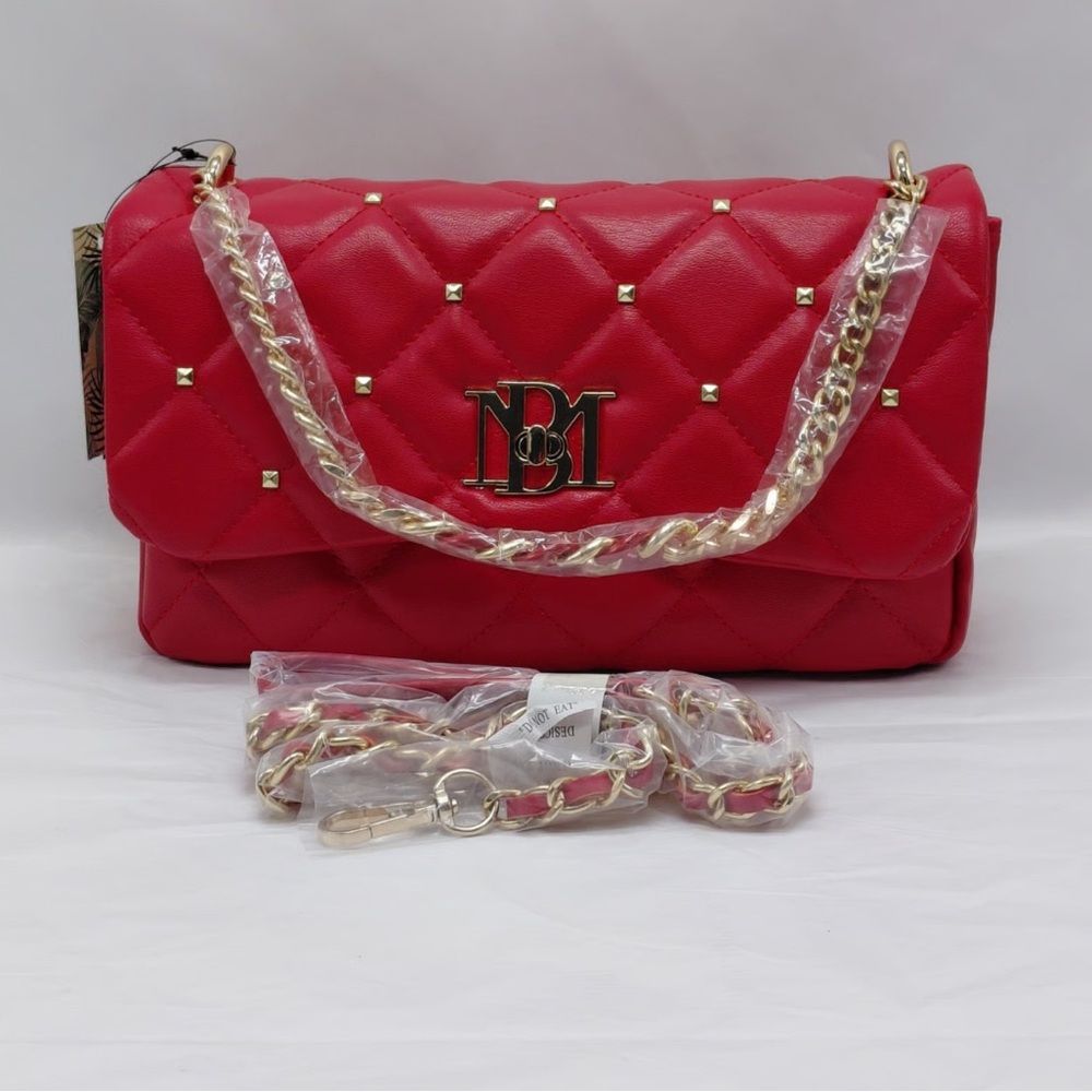 NWT BADGLEY MISCHKA Red Quilted Shoulder Bag with Gold Accents
